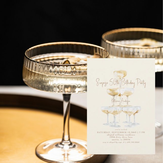 Cream Champagne Tower Surprise 50th Birthday Party Invitation (Creator Uploaded)