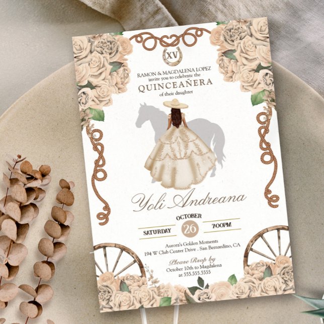 Cream Champagne White Rose Charra Quinceanera Invitation (Creator Uploaded)