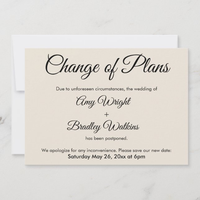 Cream Change of Plans Postponed Wedding Card (Front)