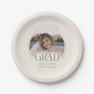 Cream Charcoal Personalized Photo Grad Party Paper Plate