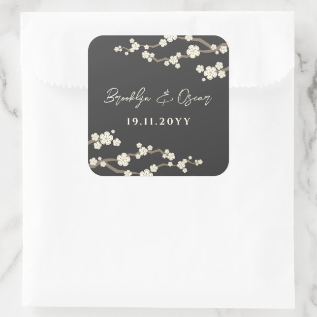 Cream Cherry Blossoms White Sakura Flowers Wedding Square Sticker (Bag)