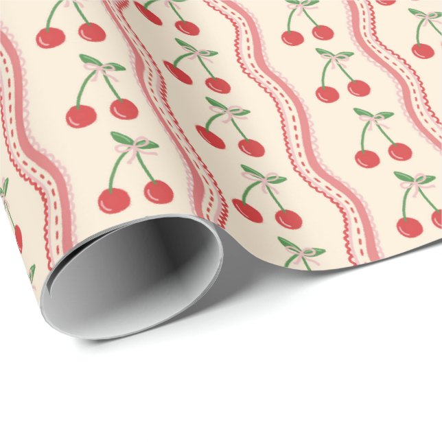 Cream Cherry Pattern with Pink Wavy Stripes Wrapping Paper (Roll Corner)