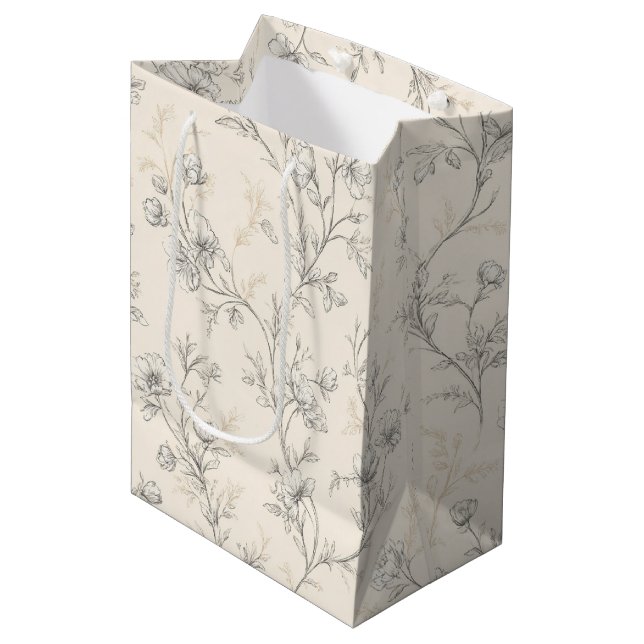 Cream Chic Floral Wedding Medium Gift Bag (Front Angled)