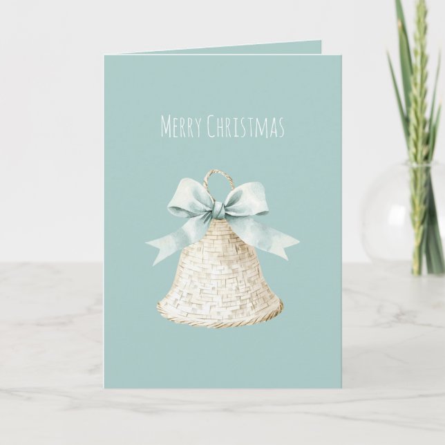 Cream Christmas Bell Pretty Blue Bow Card (Front)