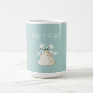 Cream Christmas Bell Pretty Blue Bow Coffee Mug