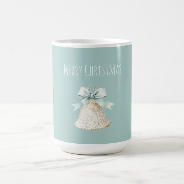 Cream Christmas Bell Pretty Blue Bow Coffee Mug (Center)