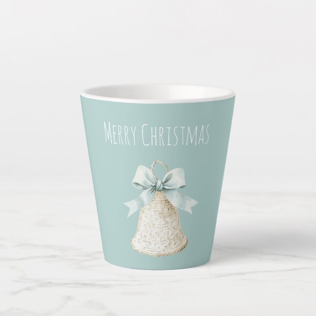 Cream Christmas Bell Pretty Blue Bow Latte Mug (Front)