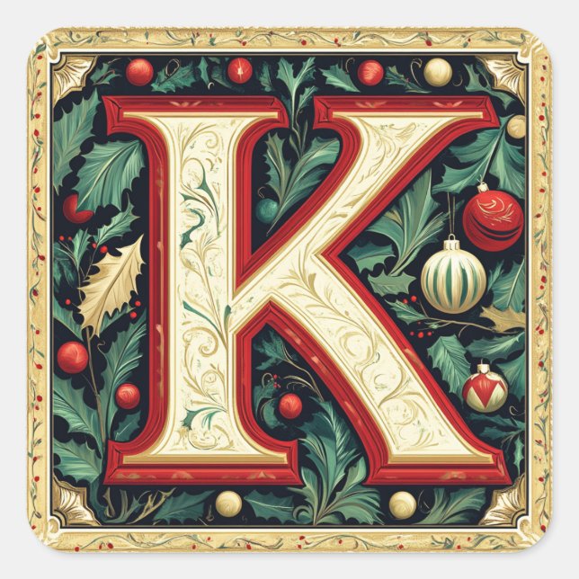 Cream & Christmas Red Letter K with Greenery Square Sticker (Front)