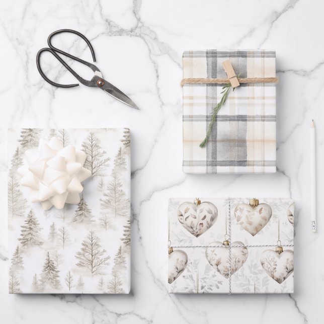 Cream Christmas Trees Hearts Plaid Stripes Wrapping Paper Sheet (Front)
