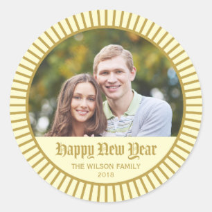 Cream Classic Decorative Happy New Year Photo Classic Round Sticker