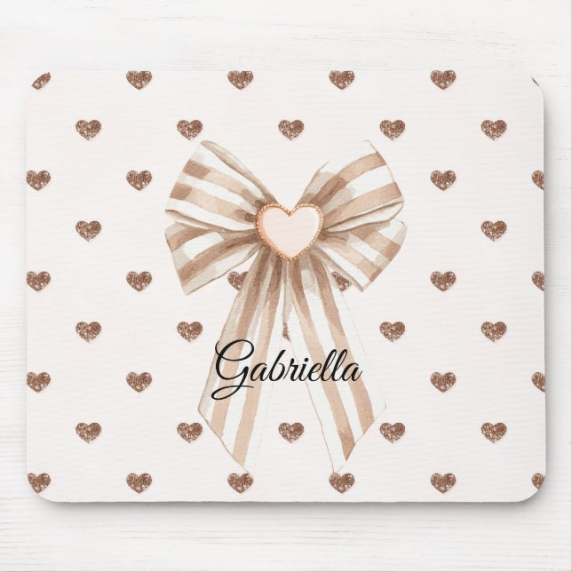 Cream Cocoa Bow Blush Pink Glitter Hearts Mouse Mat (Front)