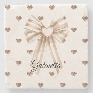 Cream Cocoa Bow Blush Pink Glitter Hearts Stone Coaster