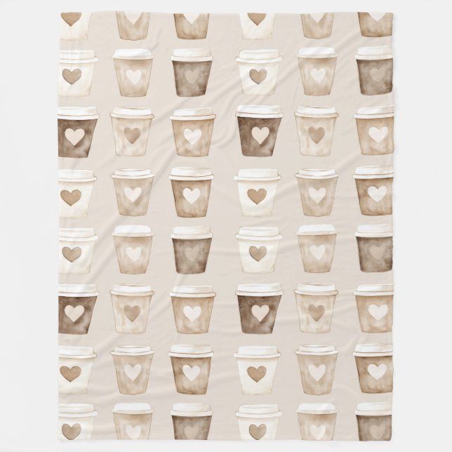 Cream Coffee Heart Cups Fleece Blanket (Front)