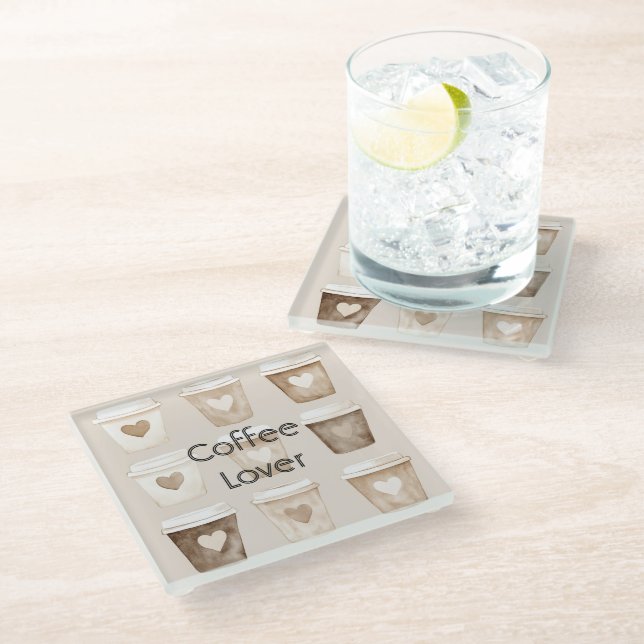 Cream Coffee Heart Cups Glass Coaster (Angled)