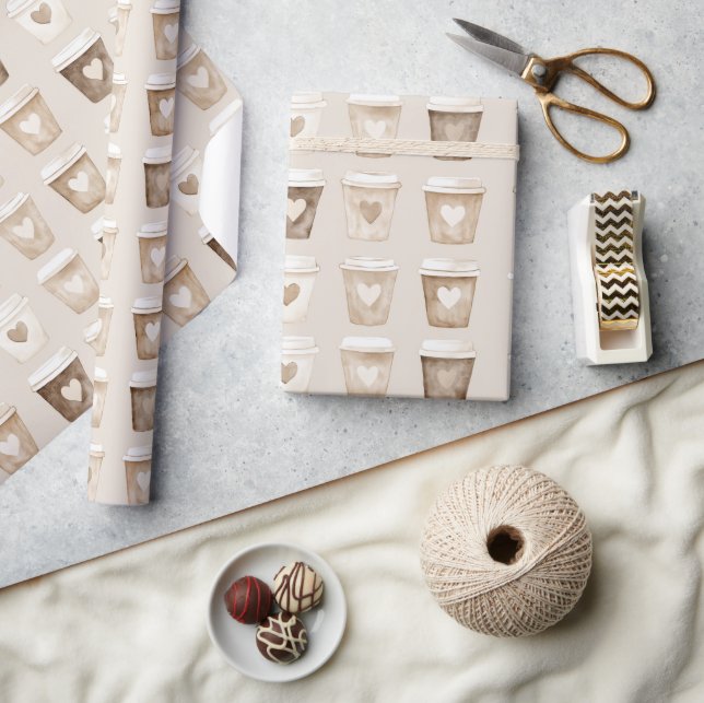 Cream Coffee Heart Cups Wrapping Paper (Crafts)