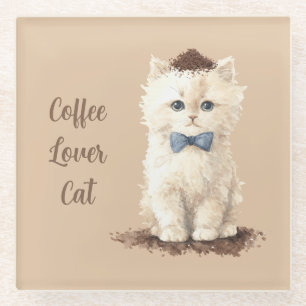 Cream Coffee Lover White Cat Blue Bow Glass Coaster
