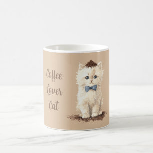 Cream Coffee Lover White Cat Blue Bow Mug