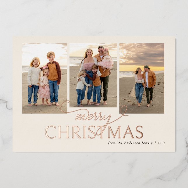 Cream Collage Photo Merry Christmas Rose Gold Foil Holiday Card (Front)