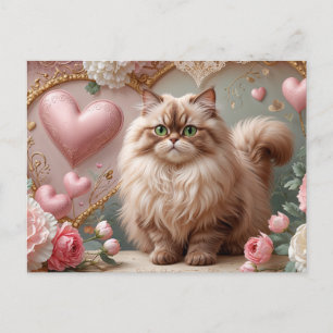 Cream Colour Valentine's Day Persian Cat and Heart Holiday Postcard