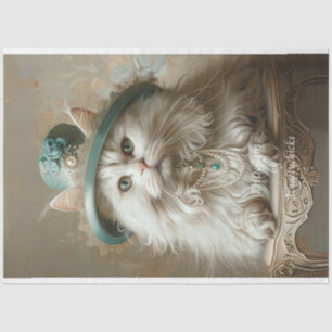 Cream Coloured Cat Teal Hat Pearls Decoupage Tissue Paper