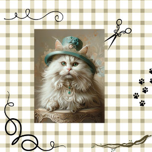 Cream Coloured Cat Teal Hat Pearls Decoupage Tissue Paper