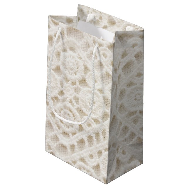 Cream coloured crochet lace design small gift bag (Back Angled)