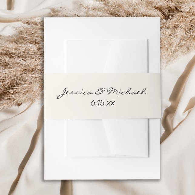 Cream Coloured Modern Script Wedding Names Date Invitation Belly Band (Cream-colored wedding invitation belly band)
