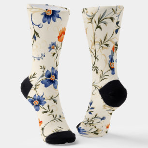 Cream-coloured socks with intricate blue and orang