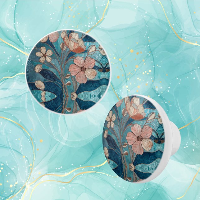 Cream Copper Blue Teal Floral Ceramic Knob (Creator Uploaded)