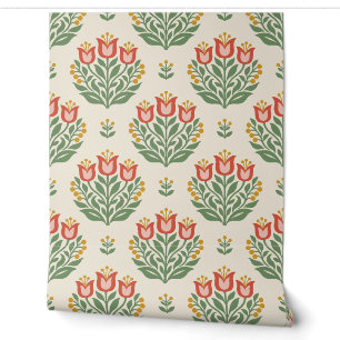 Cream, Coral and Sage Folk Art Tulip Wallpaper