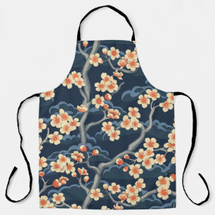 Cream Coral Sakura Navy Blue Floral Pattern Apron