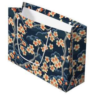 Cream Coral Sakura Navy Blue Floral Pattern Large Gift Bag