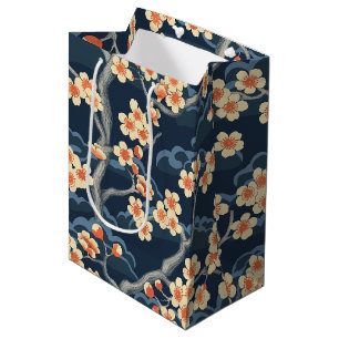 Cream Coral Sakura Navy Blue Floral Pattern Medium Gift Bag