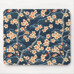 Cream Coral Sakura Navy Blue Floral Pattern Mouse Mat