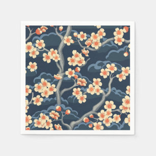 Cream Coral Sakura Navy Blue Floral Pattern Napkin