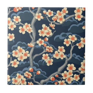 Cream Coral Sakura Navy Blue Floral Pattern Tile