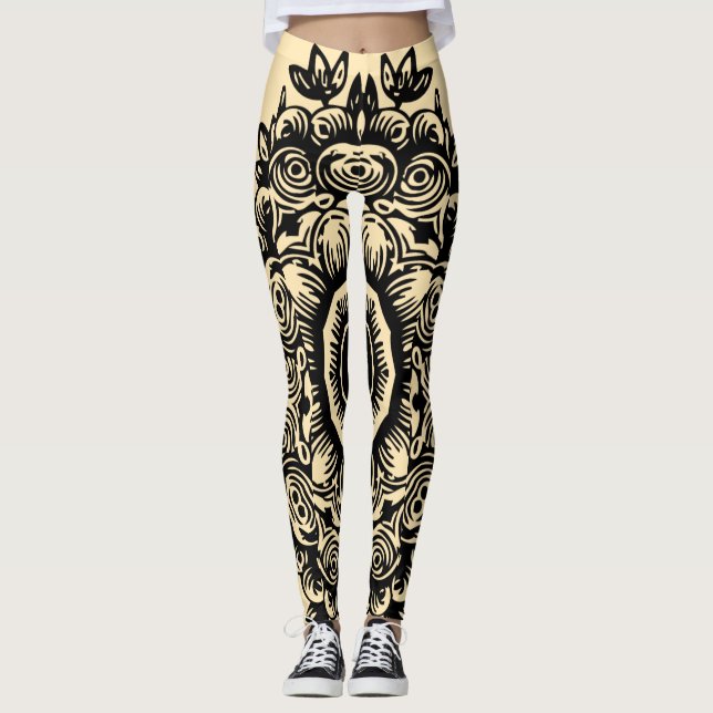 Cream Corn with Black Damask Pattern Athletic Leggings (Front)