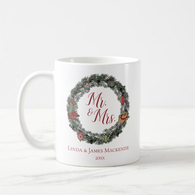Cream Country Wedding Mr. and Mrs. Christmas Coffee Mug (Left)
