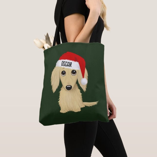 Cream Dachshund Cute Santa Dog Christmas Custom Tote Bag (Close Up)