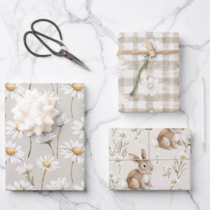 Cream Daisy Floral Bunny Rabbit Birthday Wrapping Paper Sheet