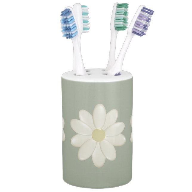 Cream Daisy Sage Green Bathroom Accessory Set (In Situ)
