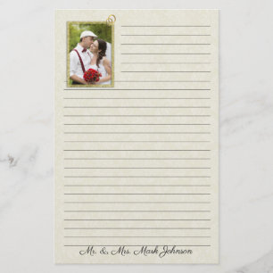 Cream Damask Wedding Lined with Photo Stationery