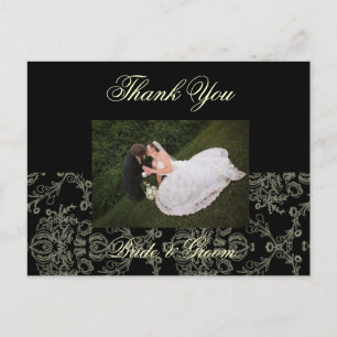 CREAM DAMASK WEDDING PHOTO THANK YOU POSTCARD