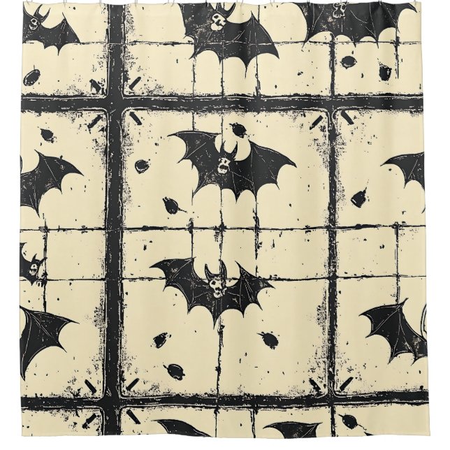 Cream Denim Grunge Patchwork with Bats (2) Shower Curtain (Front)