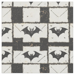 Cream Denim Grunge Patchwork with Bats (3) Fabric
