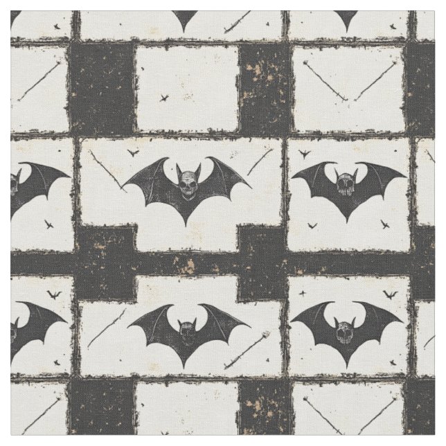 Cream Denim Grunge Patchwork with Bats (3) Fabric (Close Up)