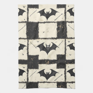 Cream Denim Grunge Patchwork with Bats (3) Tea Towel