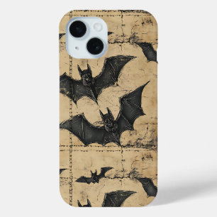 Cream Denim Grunge Patchwork with Bats iPhone 15 Case