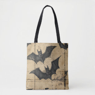 Cream Denim Grunge Patchwork with Bats Tote Bag