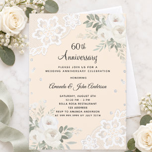 Cream diamonds florals 60th wedding anniversary invitation
